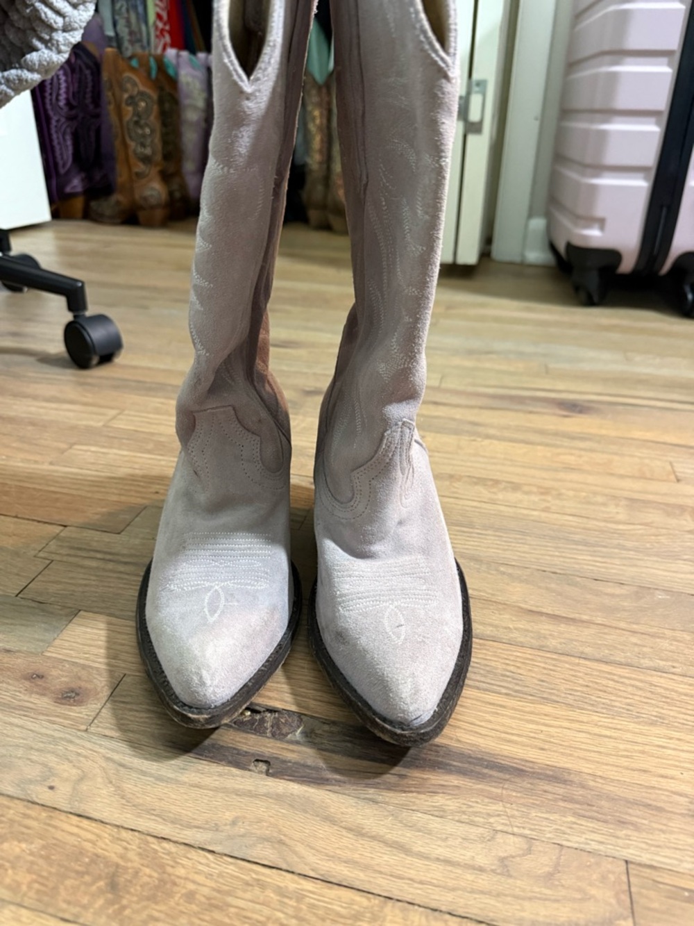 Women's Cream Suede Western Boots - Stylish Cowboy Knee-High